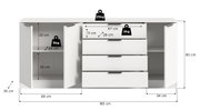 Weiße Kommode/Sideboard mit zwei geöffneten Schranktüren, vier Schubladen in der Mitte und Maßangaben (B 185 cm, H 80 cm, T 35 cm), Frontansicht mit leicht erhöhter Perspektive; Belastbarkeit Deckplatte 25 kg, Schublade 2 kg, Fachboden 5 kg.