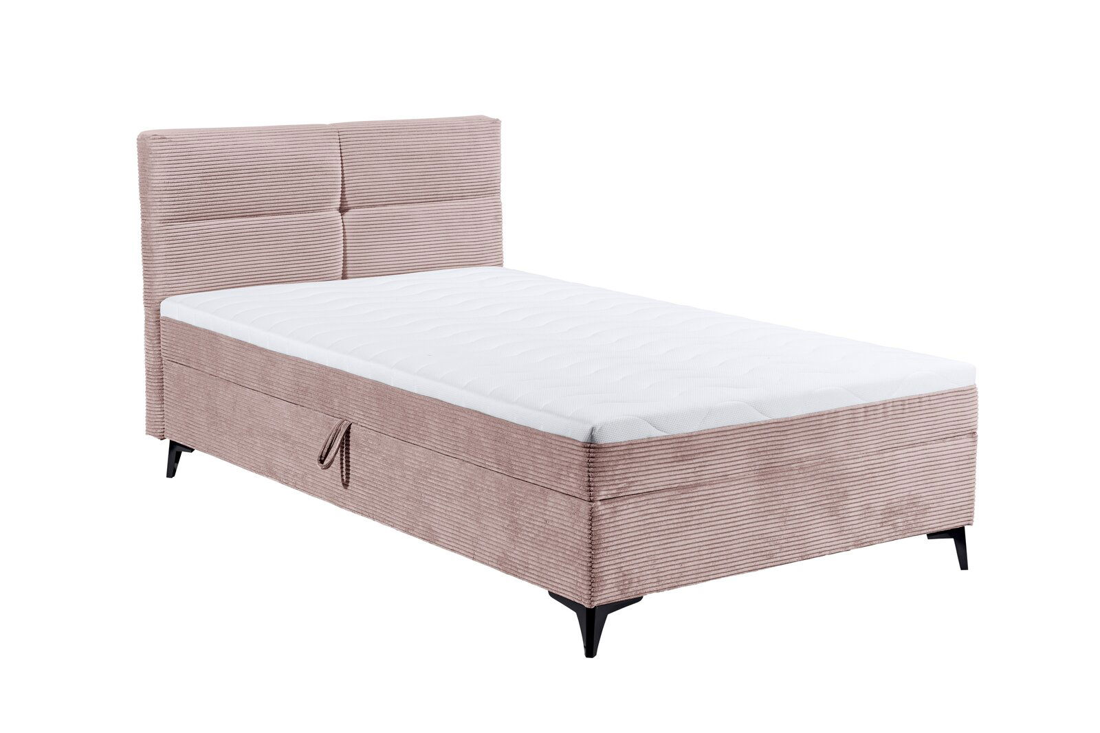 Boxbett in seitlicher Perspektive mit gestepptem Kopfteil und gestreiftem Stoffbezug in Beige.