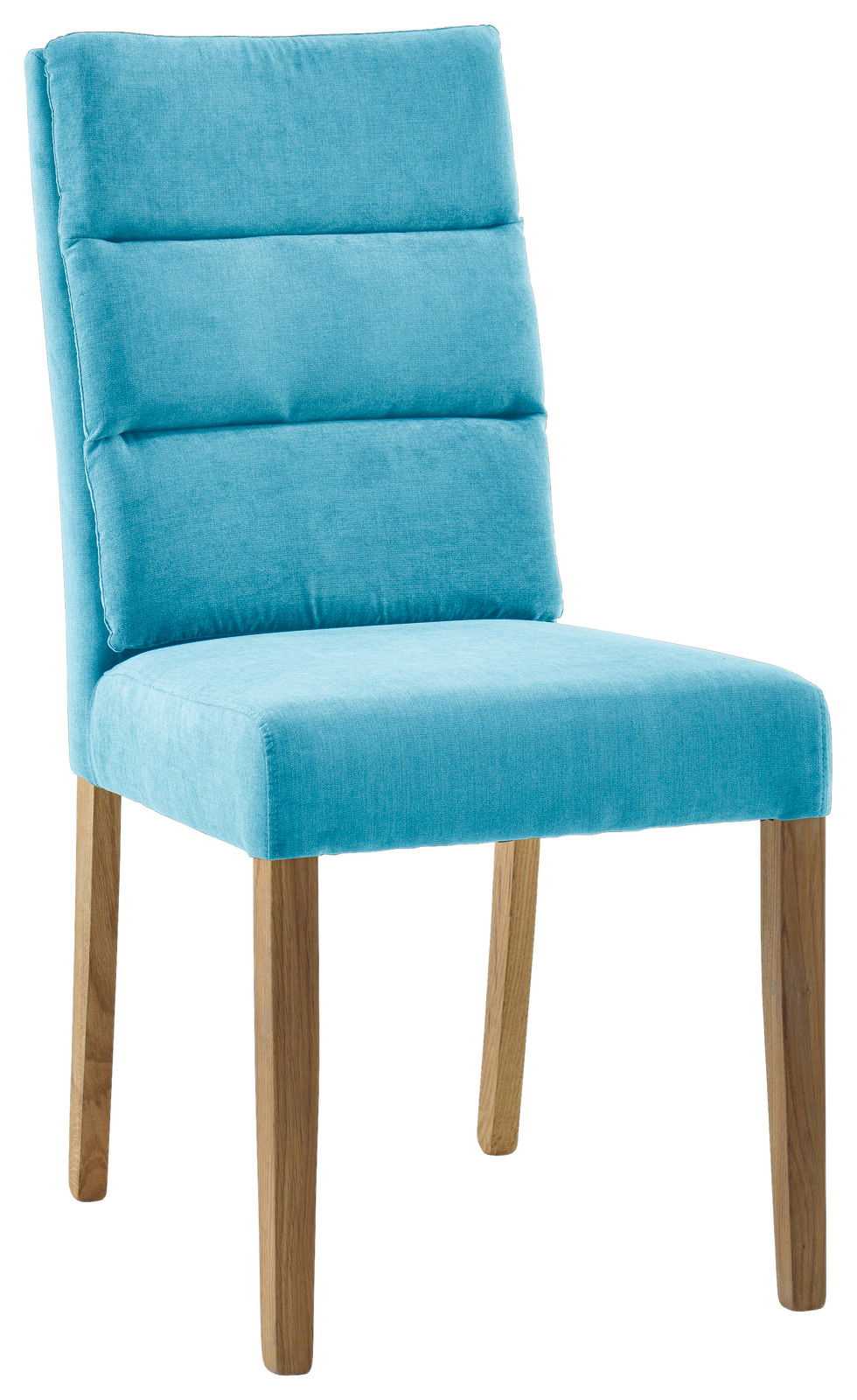 Moderner Stuhl mit türkisfarbenem Stoffbezug und Holzbeinen, seitliche Perspektive