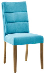 Moderner Stuhl mit türkisfarbenem Stoffbezug und Holzbeinen, seitliche Perspektive