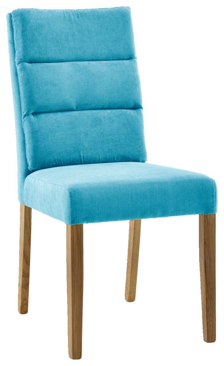 Moderner Stuhl mit türkisfarbenem Stoffbezug und Holzbeinen, seitliche Perspektive
