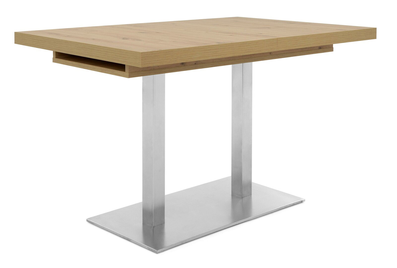 Moderner Esstisch mit Holzplatte und Metallgestell, seitliche Perspektive