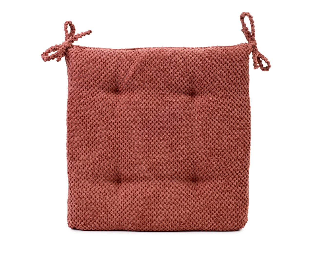 Rotes Sitzkissen 40x40x4cm mit strukturierter Oberfläche und Bindebändern, Vorderansicht