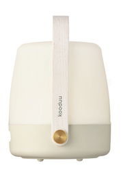 Frontansicht einer tragbaren Lampe mit Holzgriff und modernem Design.