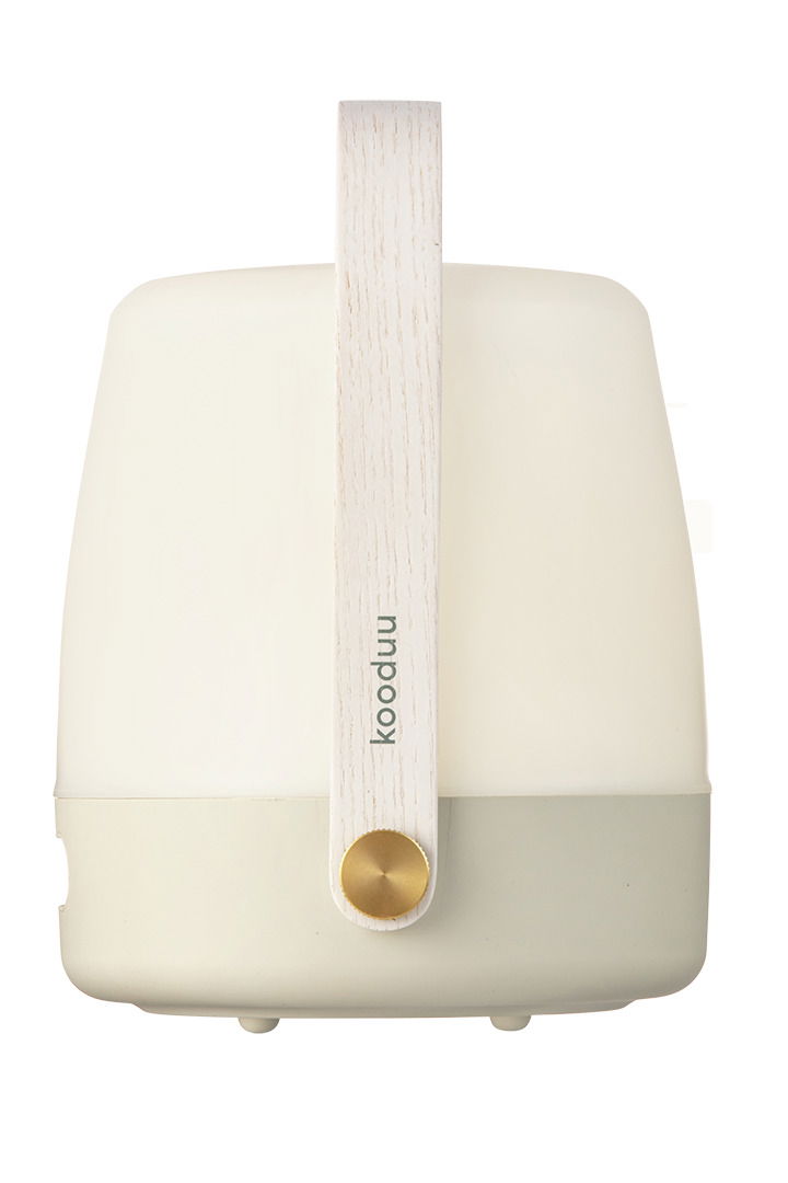 Frontansicht einer tragbaren Lampe mit Holzgriff und modernem Design.