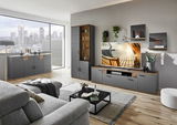 Moderne Wohnzimmer-Wandkombination in grauer Farbe mit Holzakzenten, bestehend aus TV-Schrank, Vitrine und Hängeregalen, in einem stilvoll eingerichteten Raum mit Blick auf die Stadt aus der Fensterperspektive.