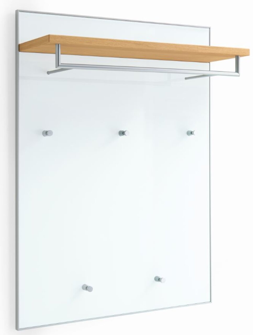 Garderobenpaneel der Serie SANTINA von VOSS mit einer Holzablage und mehreren Haken, seitliche Perspektive