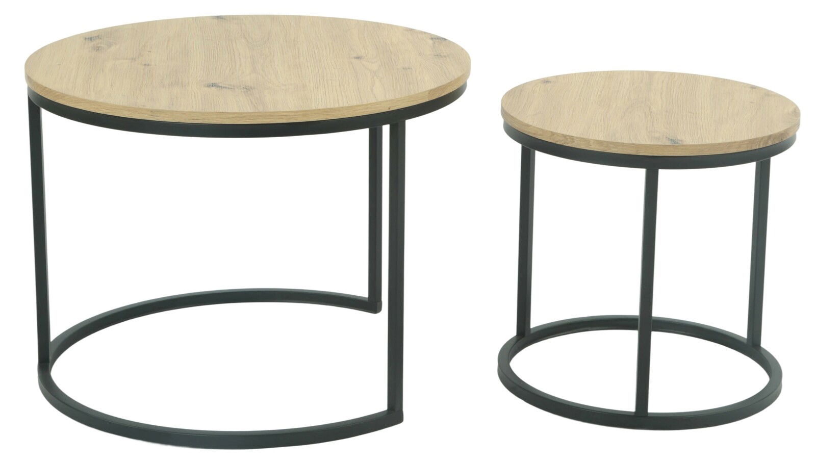 Zweier-Set runder Couchtische mit Holzoberfläche und schwarzem Metallgestell, seitliche Perspektive