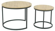 Zweier-Set runder Couchtische mit Holzoberfläche und schwarzem Metallgestell, seitliche Perspektive