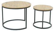 Zweier-Set runder Couchtische mit Holzoberfläche und schwarzem Metallgestell, seitliche Perspektive