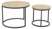 Zweier-Set runder Couchtische mit Holzoberfläche und schwarzem Metallgestell, seitliche Perspektive