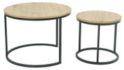 Set van twee ronde salontafels met houten blad en zwart metalen onderstel, zijaanzicht