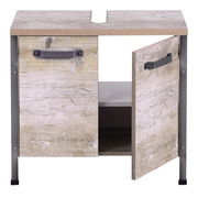 Waschbeckenunterschrank aus Holz mit zwei Türen, eine davon geöffnet, in frontaler Perspektive.