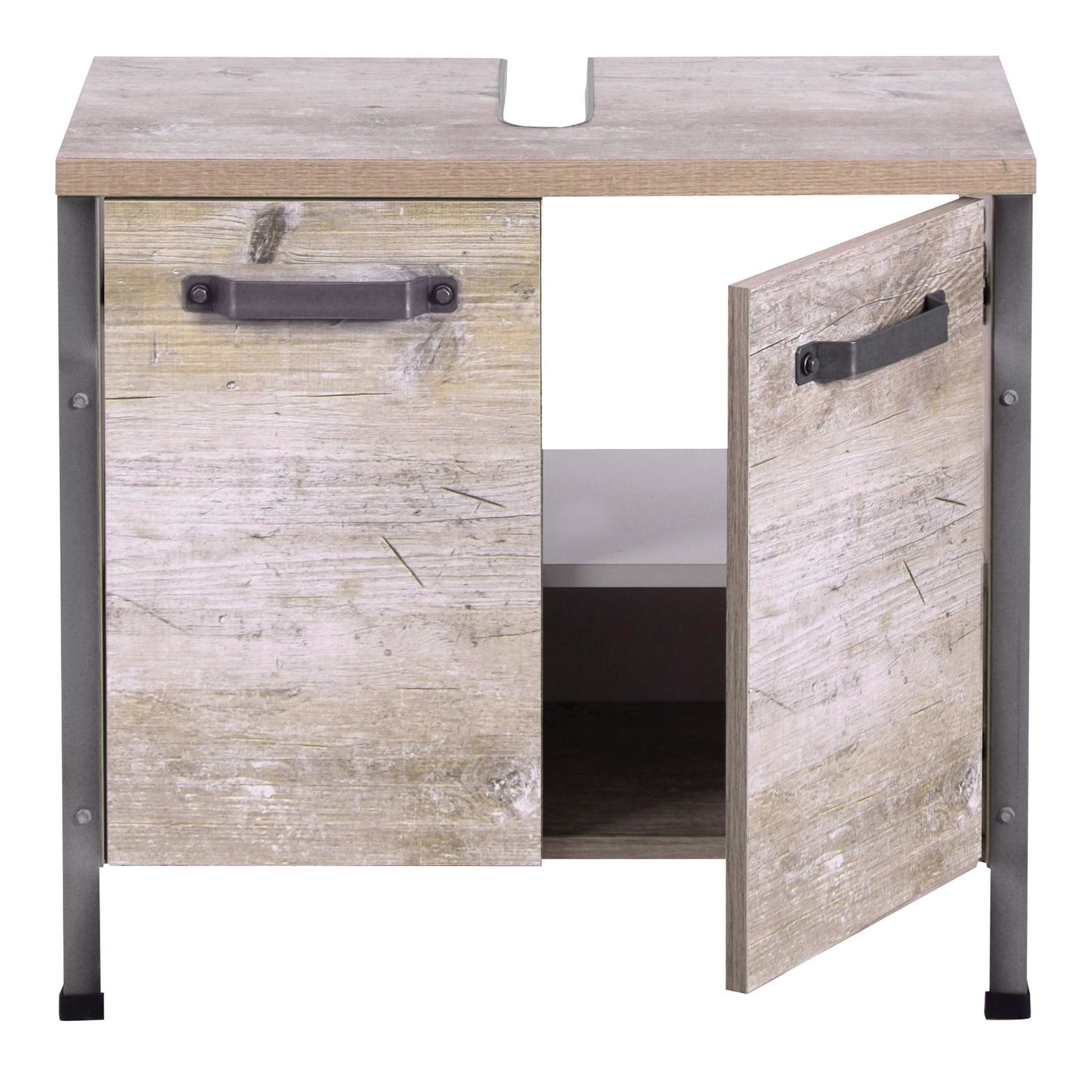 Waschbeckenunterschrank aus Holz mit zwei Türen, eine davon geöffnet, in frontaler Perspektive.