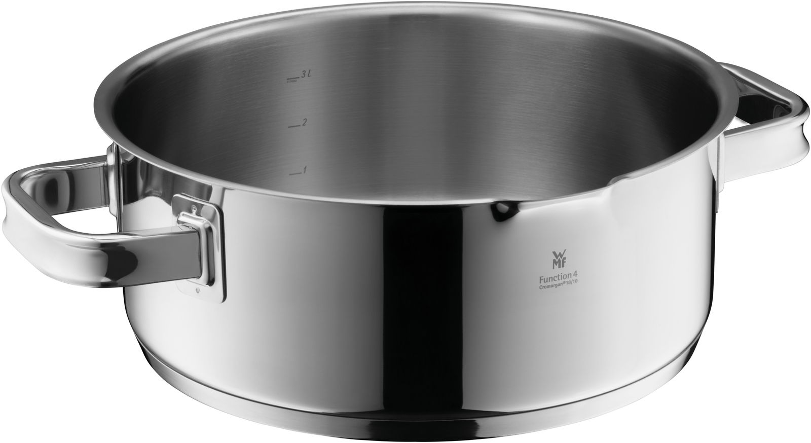 Silberner Bratentopf mit Deckel, 24 cm, aus Edelstahl, seitliche Perspektive