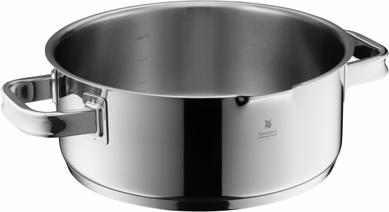 Silberner Bratentopf mit Deckel, 24 cm, aus Edelstahl, seitliche Perspektive