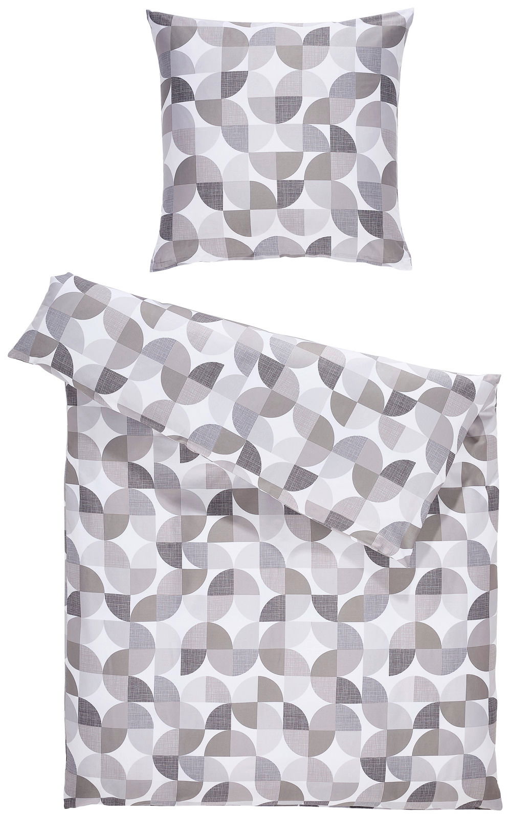 Bettwäsche-Set in der Größe 155x220cm mit geometrischem Muster in Grau- und Weißtönen, aus der Vogelperspektive fotografiert.