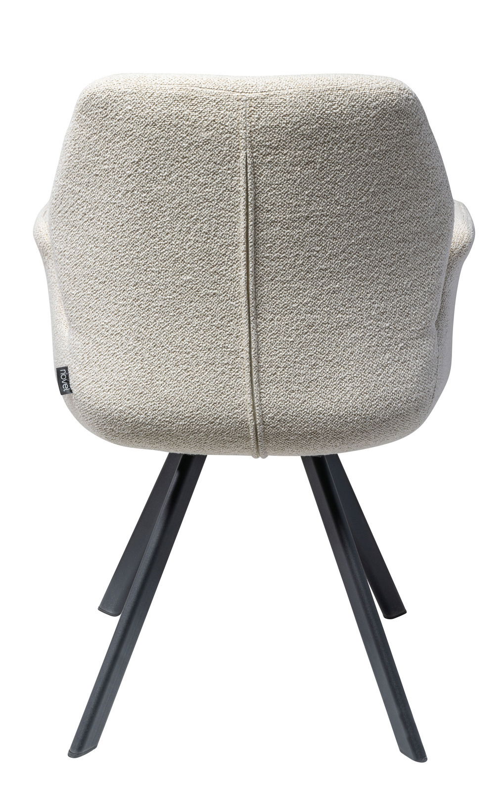 Rückansicht eines modernen Sessels mit hellgrauem Stoffbezug und schwarzen Metallbeinen.