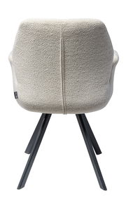 Rückansicht eines modernen Sessels mit hellgrauem Stoffbezug und schwarzen Metallbeinen.