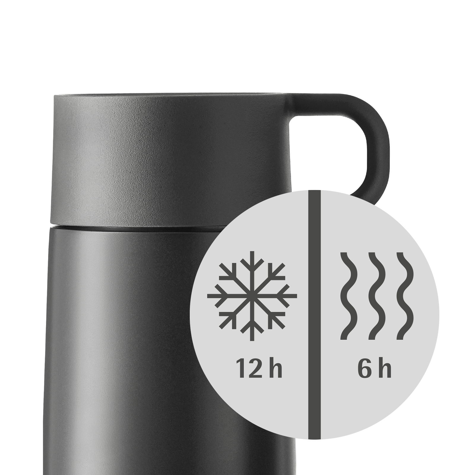 Schwarzer Impulse Travel Mug 0,3l Cromar, seitliche Ansicht, hält Getränke 12 Stunden kalt und 6 Stunden warm.