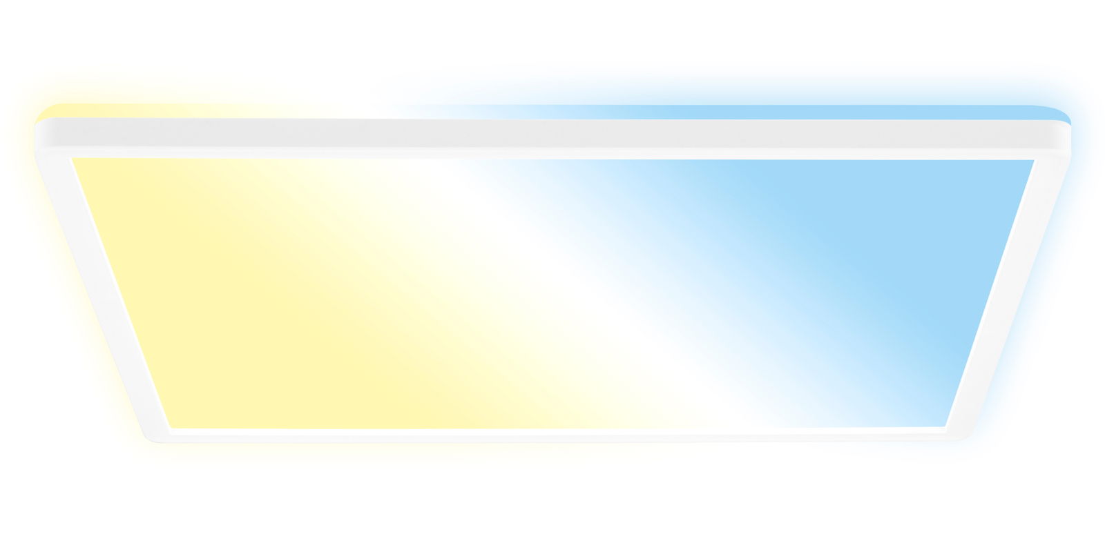 Rechteckige LED-Deckenleuchte mit weißem Rahmen, die von unten betrachtet wird. Sie leuchtet in einem sanften Gelb- und Blauton.