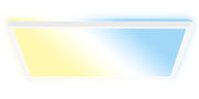 Rechteckige LED-Deckenleuchte mit weißem Rahmen, die von unten betrachtet wird. Sie leuchtet in einem sanften Gelb- und Blauton.