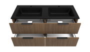 Waschtisch-Set mit zwei schwarzen Waschbecken und vier offenen Schubladen aus Holz, Ansicht von oben