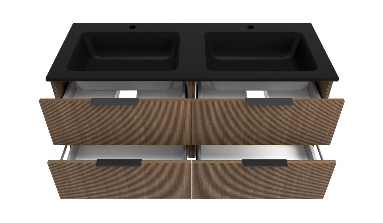 Waschtisch-Set mit zwei schwarzen Waschbecken und vier offenen Schubladen aus Holz, Ansicht von oben
