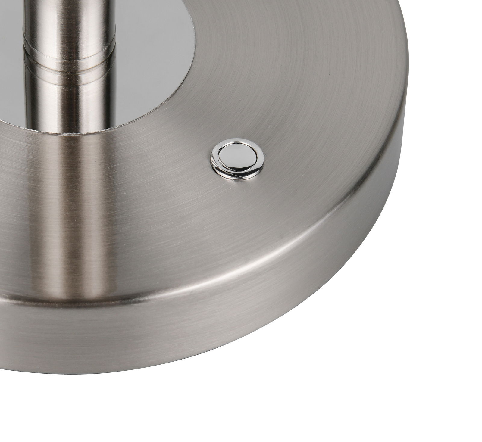 Trio Leuchten LED-Schreibtischleuchte MONZA Nahaufnahme der Basis einer LED-Schreibtischleuchte aus gebürstetem Metall mit einem runden Schalter.