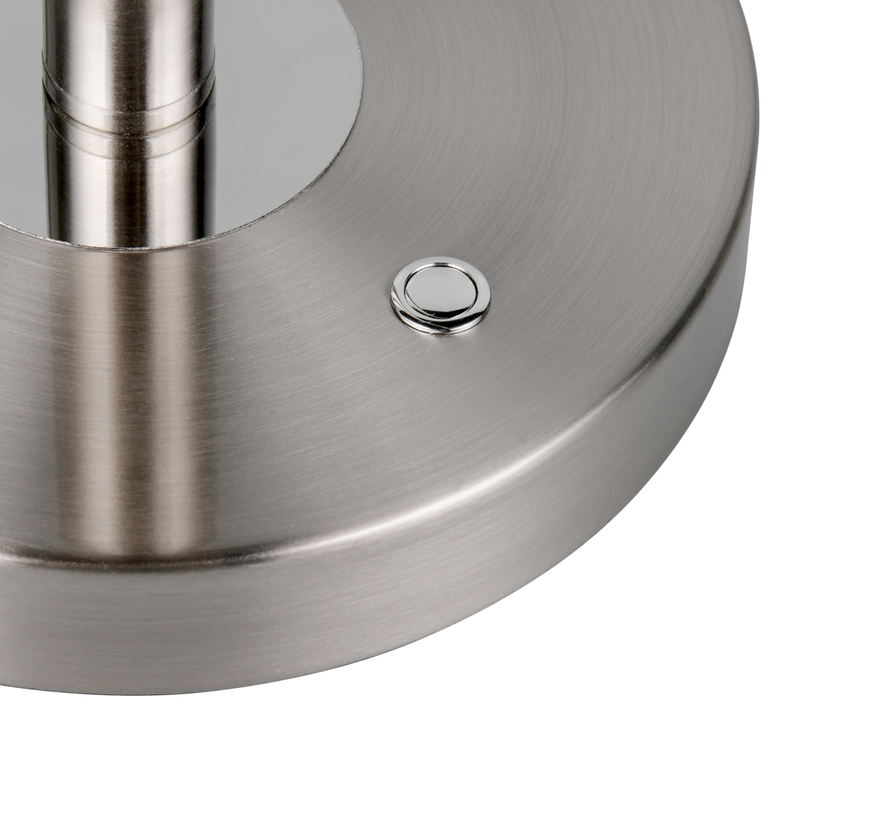 Trio Leuchten LED-Schreibtischleuchte MONZA Nahaufnahme der Basis einer LED-Schreibtischleuchte aus gebürstetem Metall mit einem runden Schalter.