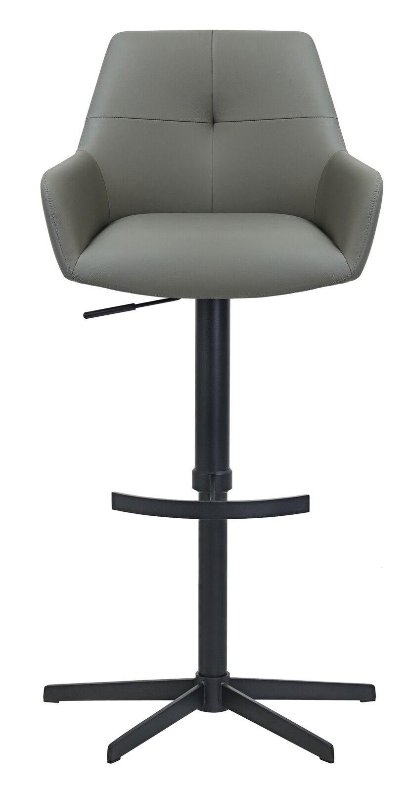 Moderner Barhocker mit grauem Polstersitz und schwarzem Metallgestell, Frontalansicht