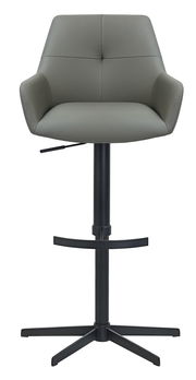 Moderner Barhocker mit grauem Polstersitz und schwarzem Metallgestell, Frontalansicht