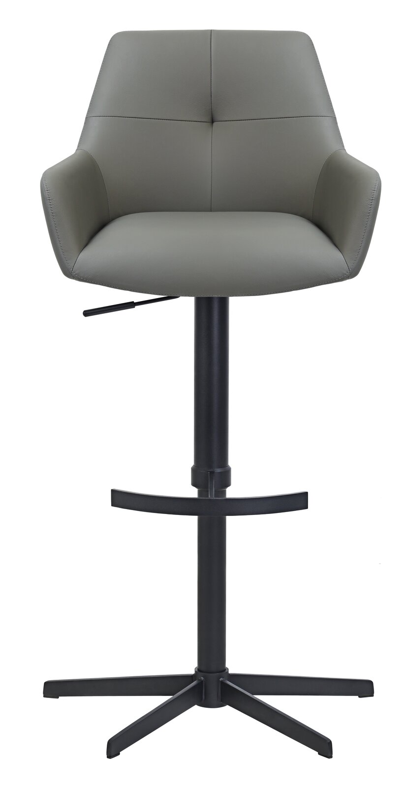 Moderner Barhocker mit grauem Polstersitz und schwarzem Metallgestell, Frontalansicht