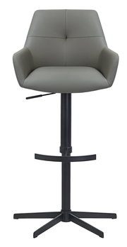 Moderner Barhocker mit grauem Polstersitz und schwarzem Metallgestell, Frontalansicht