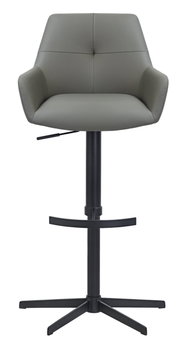 Moderner Barhocker mit grauem Polstersitz und schwarzem Metallgestell, Frontalansicht