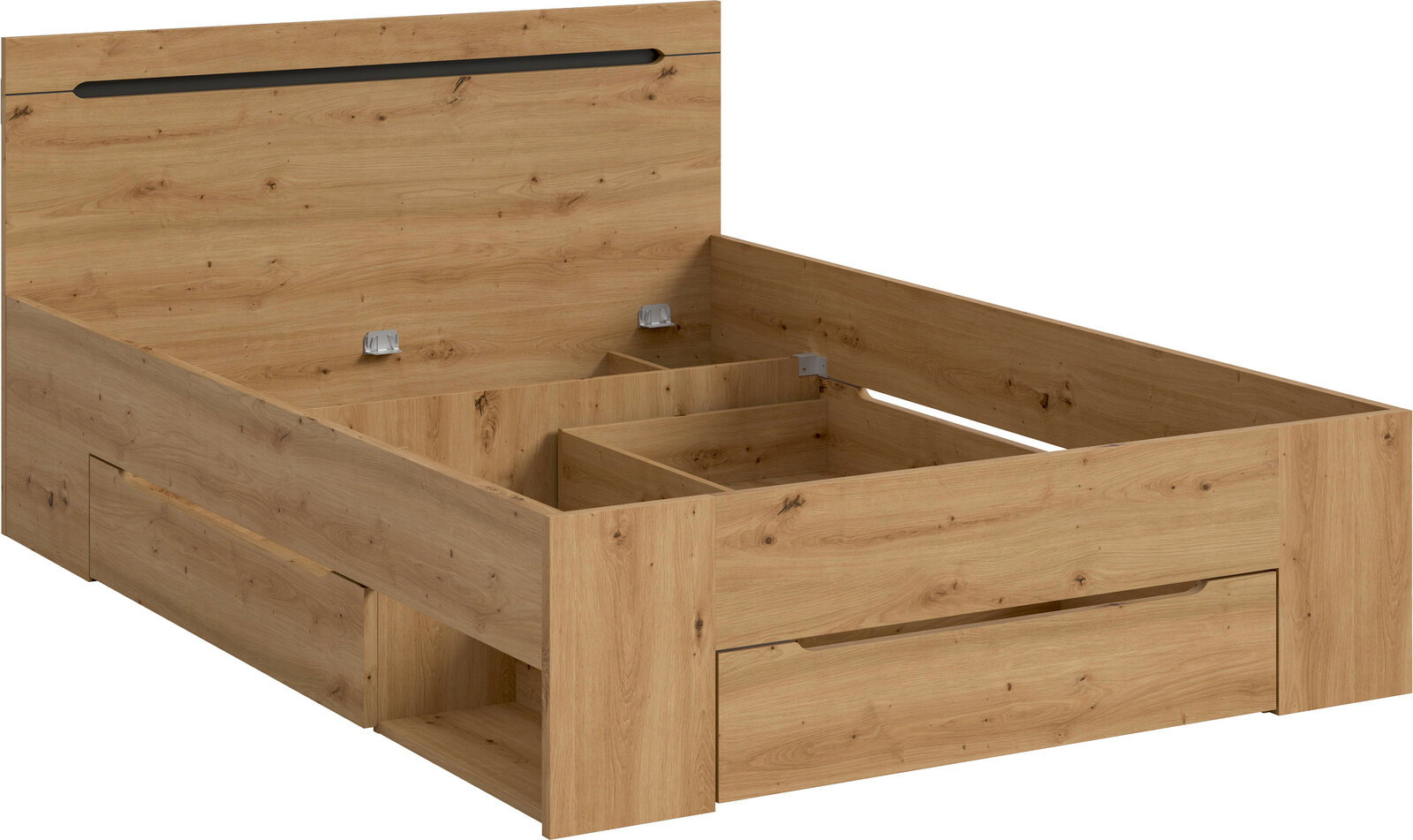 Holzbett in Eiche-Optik mit hochklappbarem Lattenrost und integriertem Stauraum, geöffnet gezeigt; Perspektive: schräg von vorne rechts (3/4-Ansicht).