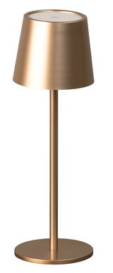 Goldene Akku-Tischleuchte ROXI in seitlicher Perspektive mit modernem, schlankem Design.
