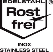Logo mit der Aufschrift 'Edelstahl Rostfrei Inox Stainless Steel', frontal betrachtet.