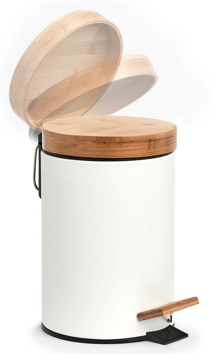 Weißer Kosmetikeimer mit Holzdeckel und Pedal, seitliche Perspektive