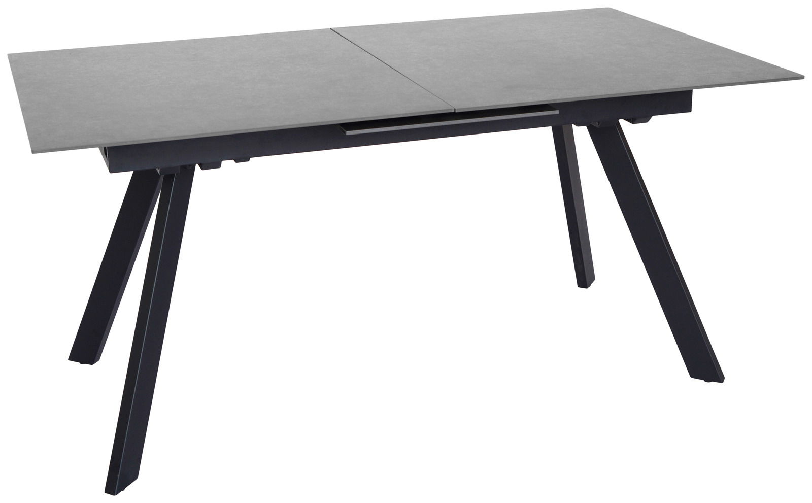 Moderner Esstisch mit grauer Tischplatte und schwarzen, schrägen Beinen, seitliche Perspektive
