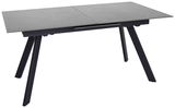 Moderner Esstisch mit grauer Tischplatte und schwarzen, schrägen Beinen, seitliche Perspektive