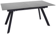 Moderner Esstisch mit grauer Tischplatte und schwarzen, schrägen Beinen, seitliche Perspektive