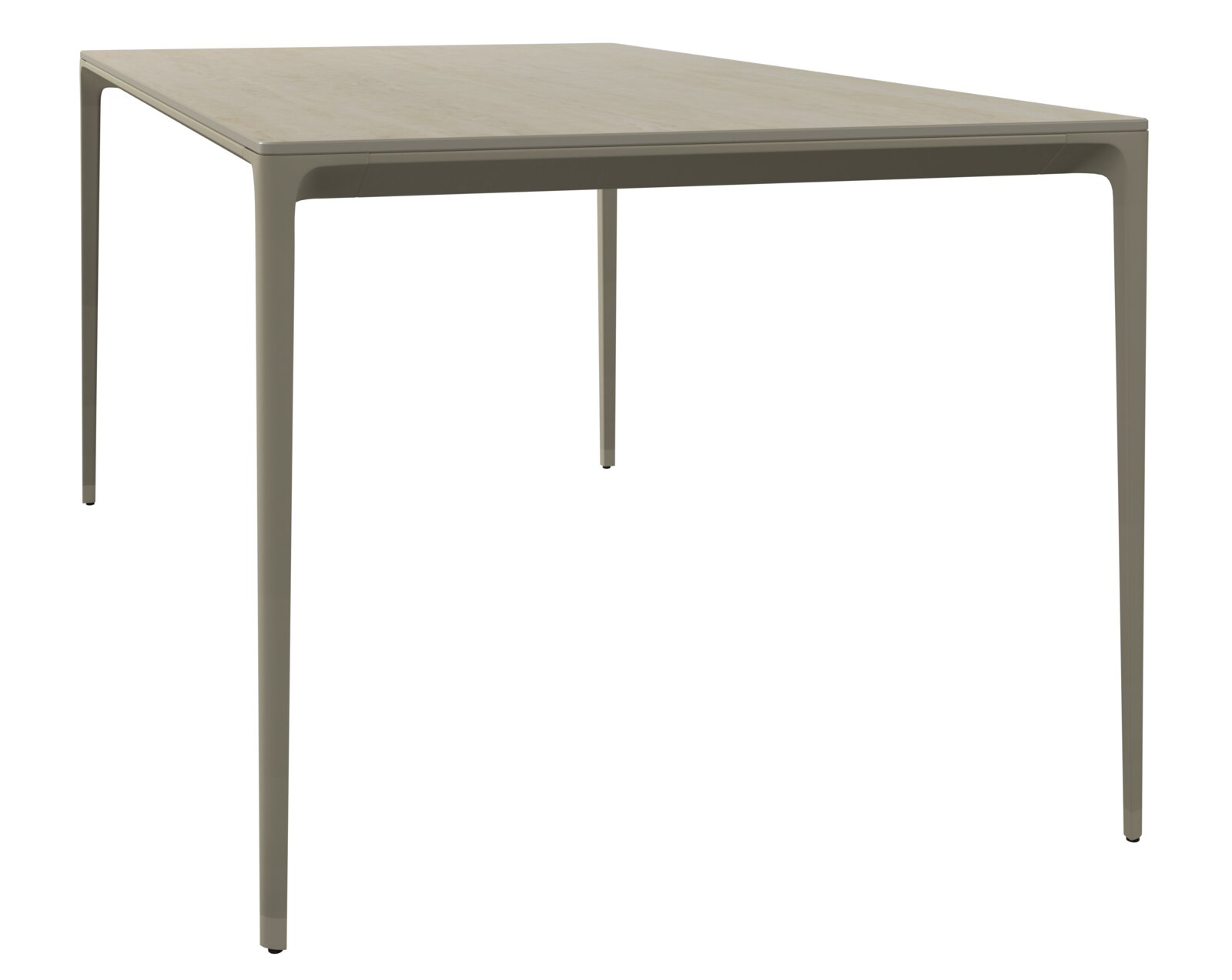 Moderner Gartentisch aus Metall in seitlicher Perspektive