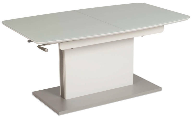 Moderner Couchtisch in rechteckiger Form mit hellgrauer Tischplatte und stabiler Mittelsäule, seitliche Ansicht.