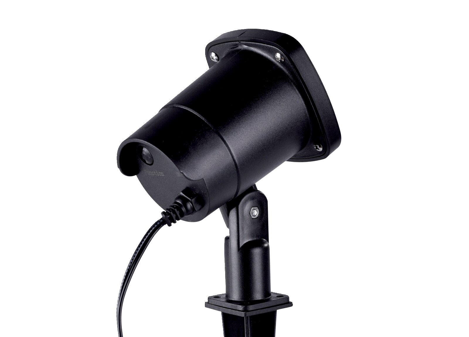 Schwarzer LED-Projektorstrahler mit Erdspieß und Anschlusskabel, schräg von der Seite in Nahaufnahme auf weißem Hintergrund
