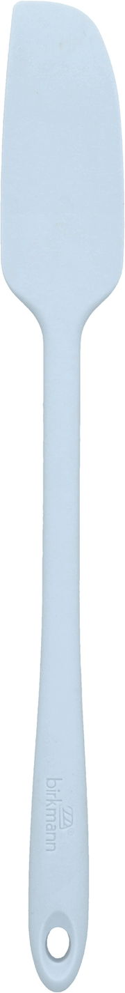 Hellblauer, schmaler Teigschaber aus Silikon, von oben betrachtet