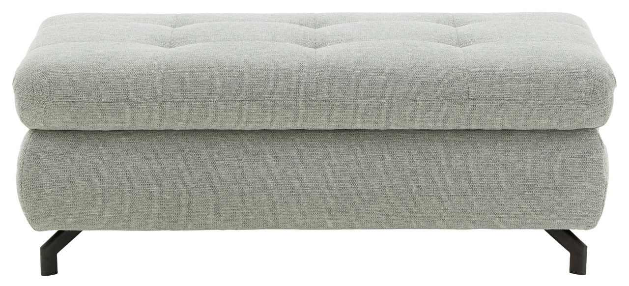 Grauer XXL-Hocker mit gepolsterter Oberfläche und schwarzen Metallbeinen, Frontalansicht.