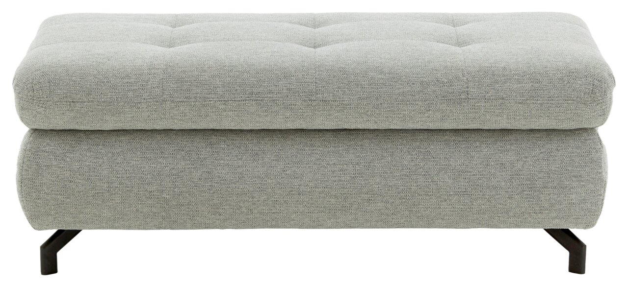 Grauer XXL-Hocker mit gepolsterter Oberfläche und schwarzen Metallbeinen, Frontalansicht.