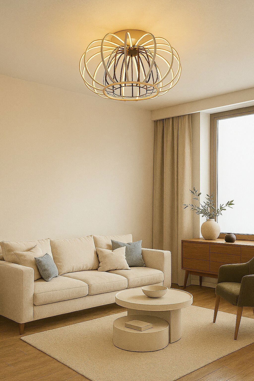 Moderne Deckenleuchte in einem stilvollen Wohnzimmer, von unten betrachtet