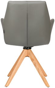 Rückansicht eines grauen Armlehnstuhls mit Holzbeinen in Dreibein-Design.